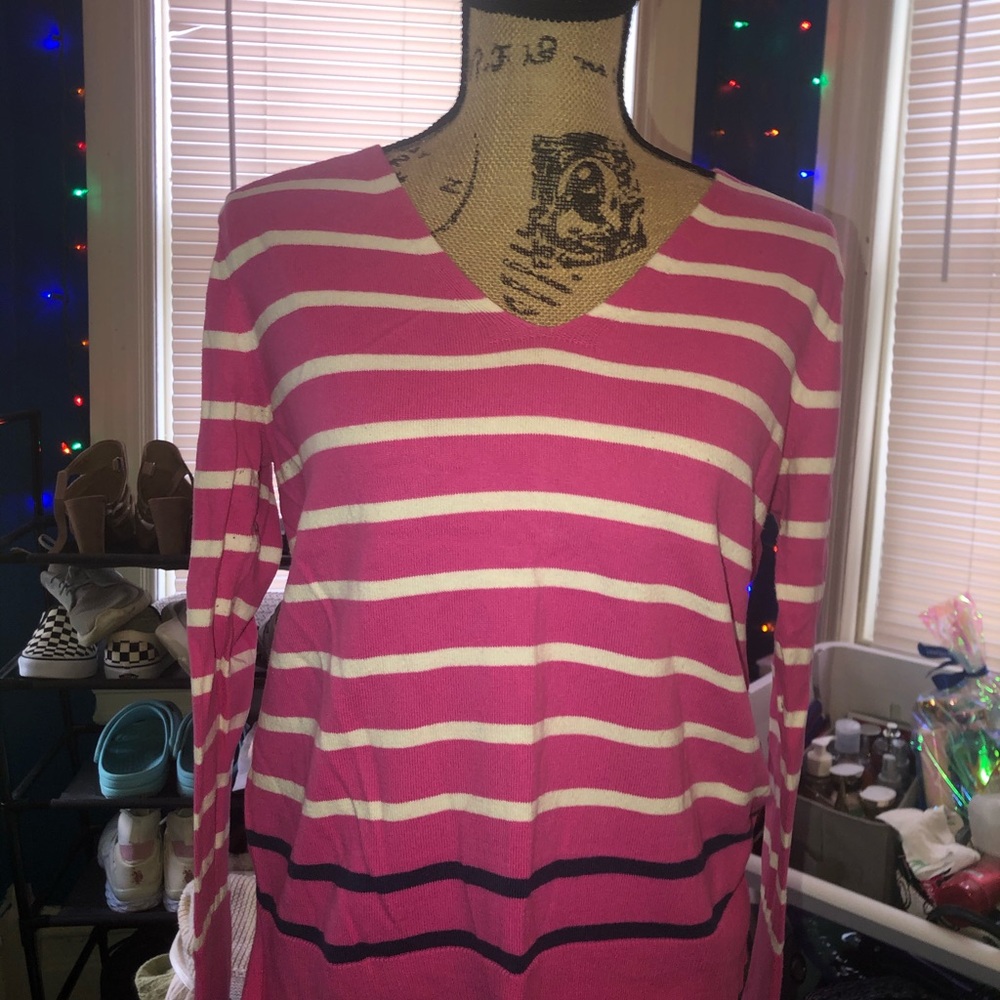 pink and white striped v neck long sleeve